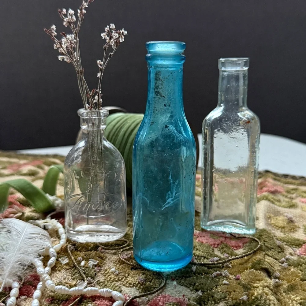 Set of 3 Antique Miniature Apothecary Azure Glass Bottles - Picture 1 of 12